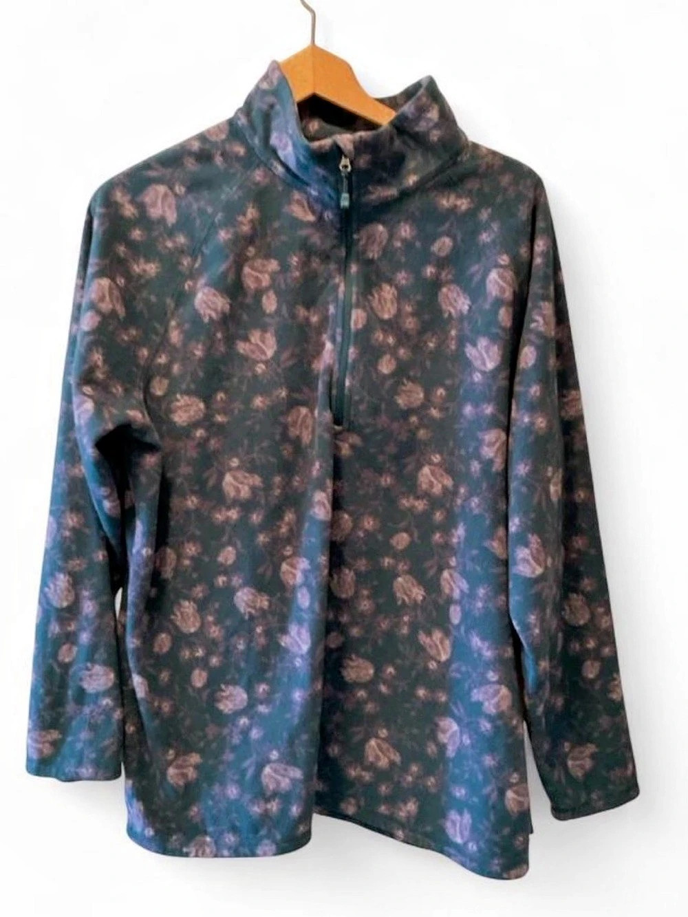 EDDIE BAUER Floral Fleece 1/4 Zip Dark Teal Green + Purple - PLUS SIZE 1X